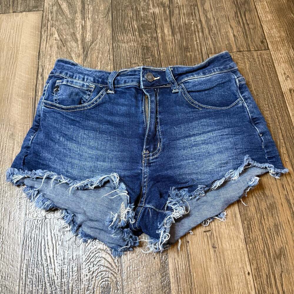 KanCan Women's Dark Wash Frayed Raw Hem Denim Jean Shorts Size 9/28